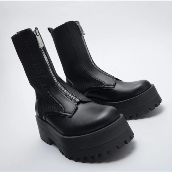 ZARA sz. 40/9 Flat Sock Ankle Boots Zipper Front Booties Combat Chunky Platform - Picture 6 of 15